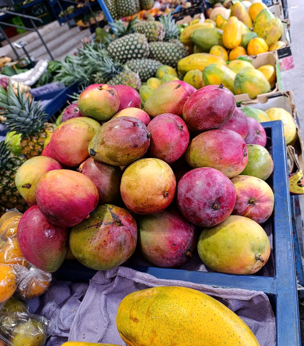 Étal de marché tropical chargé de mangues et de fruits.